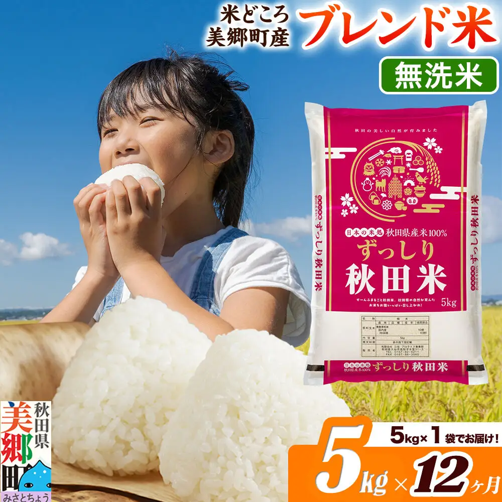 米《定期便12ヶ月》ブレンド米【無洗米】精米 5kg（5kg×1袋）秋田県美郷町産