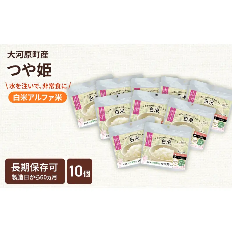 宮城県大河原町産つや姫のアルファ化米 白米 100g 10袋セット お米 長期保存 非常食 アルファ米 ご飯 ごはん 防災食 備蓄 保存食 常温 つや姫
