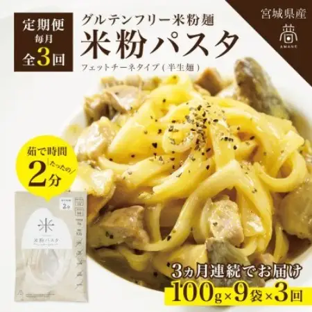 【毎月定期便】グルテンフリー米粉パスタ9食(宮城県産)低脂質で小麦粉不使用の無添加米粉麺全3回【4086075】