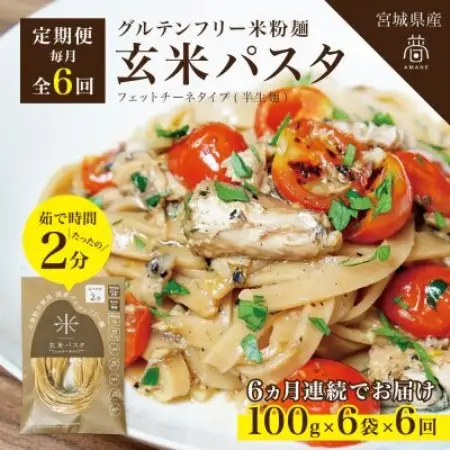 【毎月定期便】グルテンフリー玄米パスタ6食(宮城県産)小麦粉不使用の無添加玄米麺 米粉麺全6回【4086081】