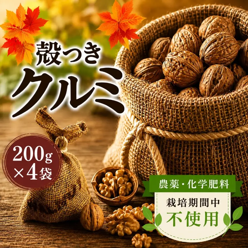 【2025年秋収穫】 殻つきクルミ 200g☓4袋 《農薬・化学肥料 栽培期間中不使用》