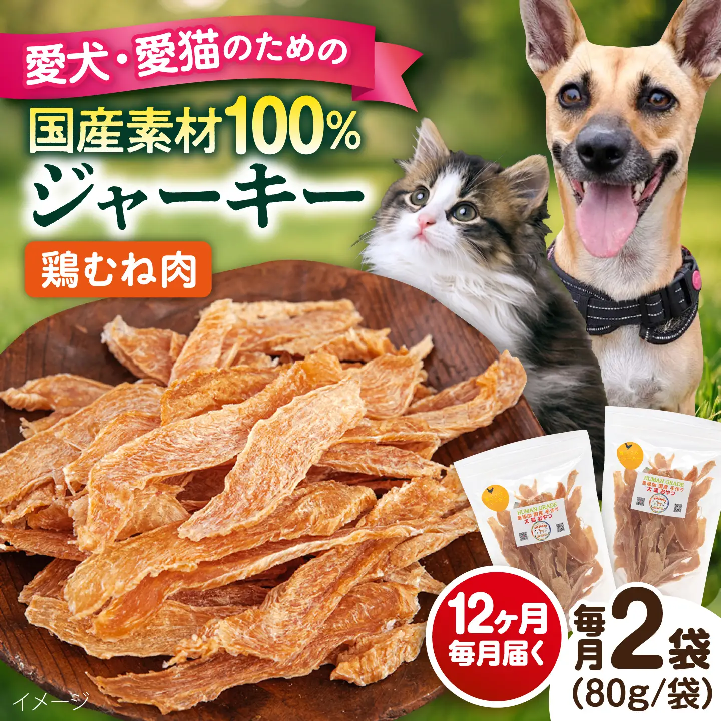 【全12回定期便】国産 鶏むね肉ジャーキー（80g×2袋）【ペットフードYM japan】[AKEX038]