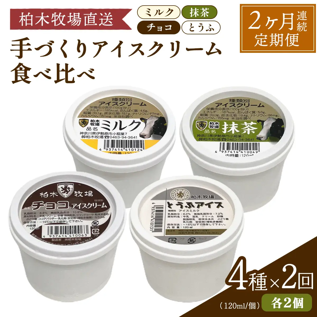 [定期便／2ヶ月連続] 柏木牧場 手づくりアイスクリーム食べ比べ 計16個 (4種 各2個セット×2回・120ml／個) [1250]