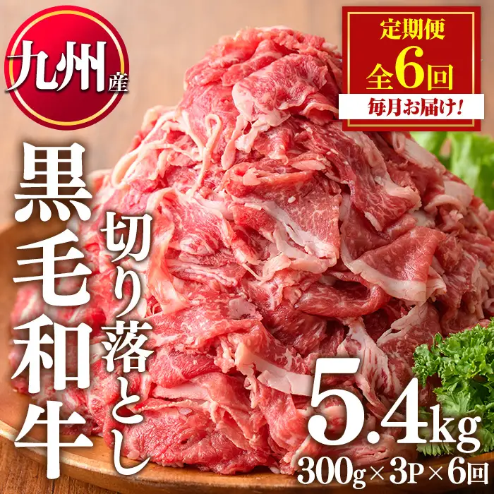 No.1376-B ＜定期便・全6回＞九州産 黒毛和牛切り落とし(総計5.4kg・300g×3P×6回) 牛肉 切落し 切り落し 和牛 冷凍 九州産 国産 小分け 国産牛 お肉 牛丼 野菜炒め カレー 定期便 冷凍 寄附額改定 小分け 【LRプラスK】