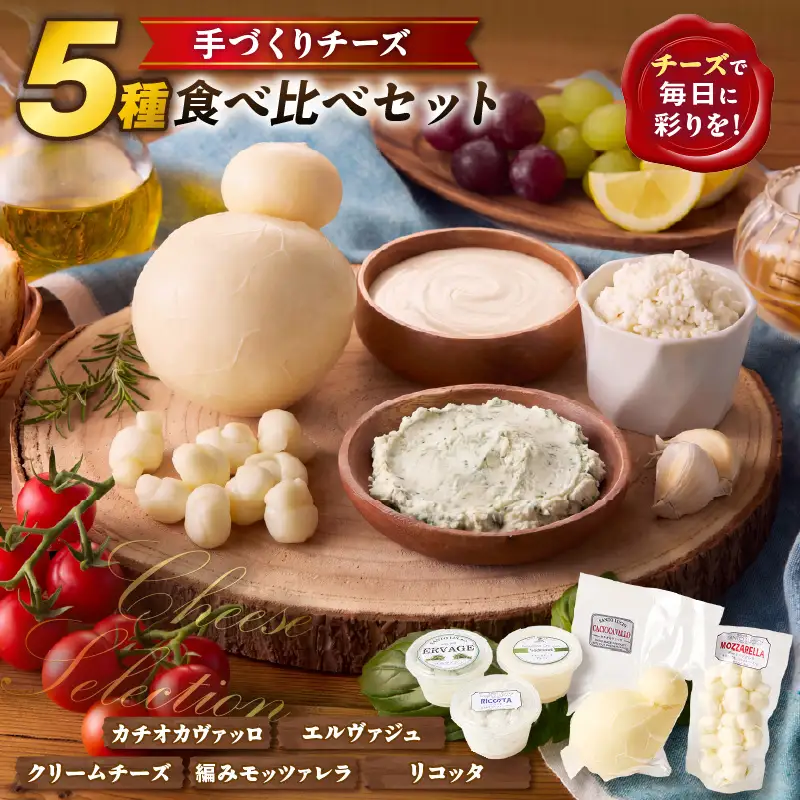 【国産】サントルチオの手づくりチーズ5種食べ比べセット（カチオカヴァッロ(カチョカバロ)・リコッタ・編みモッツァレラ・エルヴァジュ・クリームチーズ）・S104-230