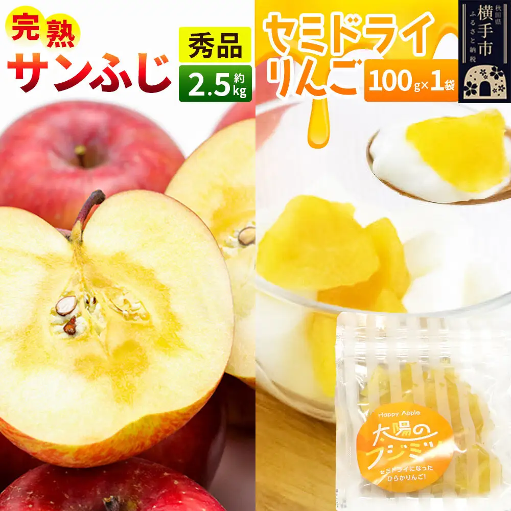 【先行受付】11月下旬より発送 完熟サンふじ秀品 約2.5kg（7～9個入）・セミドライりんご「太陽のフジミツ」100g×1袋セット