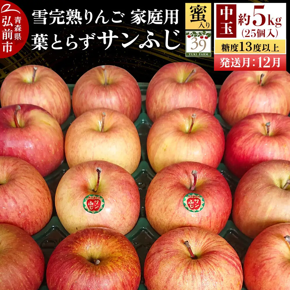 【26年12月発送】りんご 葉とらず サンふじ【家庭用】約5kg（25個入）中玉 糖度13度以上 蜜入り 雪完熟【数量限定】家庭用 自然 青森県 弘前市 果物 フルーツ 林檎 不揃い 規格外