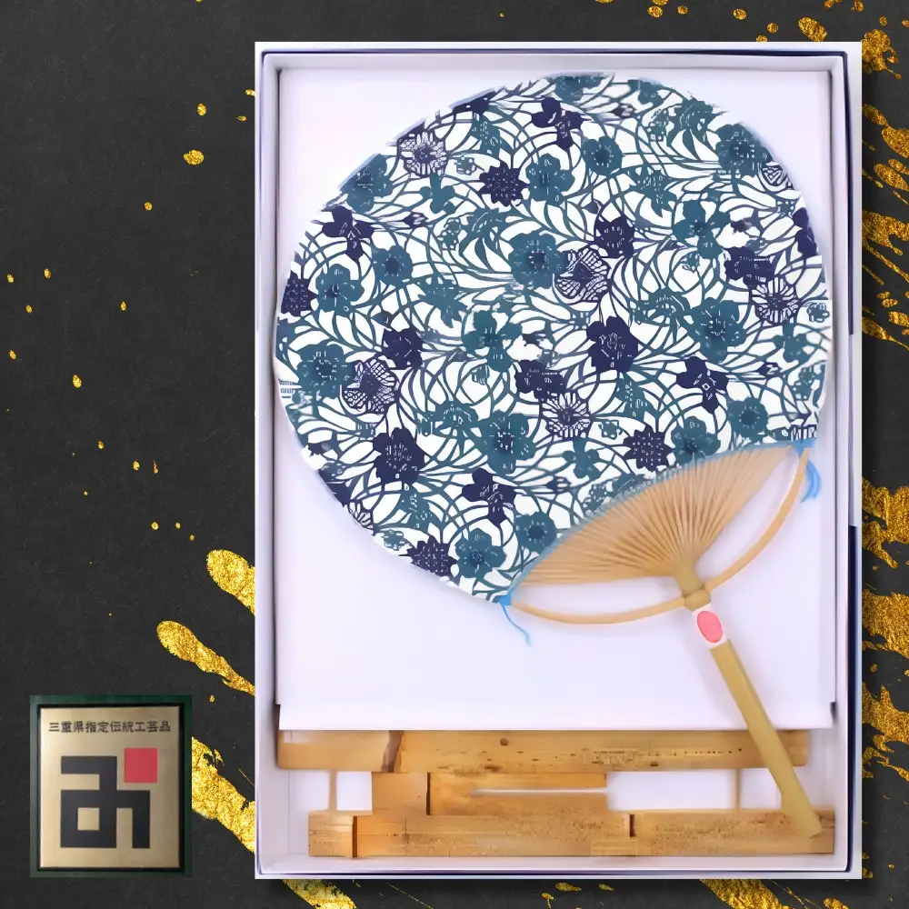 日永うちわ　香る（大）  両用うちわ立て付　Ｂ：花と草 青