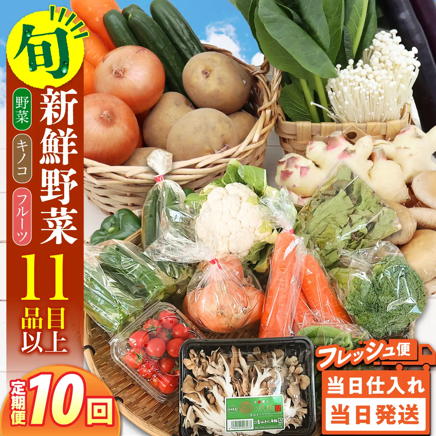 【毎月コース】野菜 キノコ 果物 11品目 詰め合わせ 10回 定期便  / 南島原市 / 吉岡青果[SCZ036]