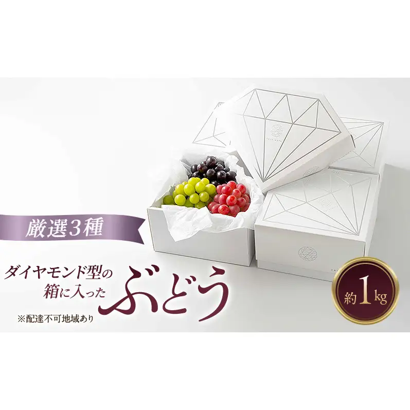 岡山県産 ダイヤモンド型の箱に入ったぶどう 厳選3種 約1kg 葡萄 ブドウ 岡山県産 オーロラブラック マイハート ニューピオーネ クイーンニーナ シャインマスカット 数量限定