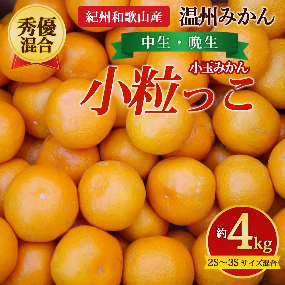 【先行予約】【秀優混合】紀州和歌山産 温州みかん「小粒っこ」約4kg（箱込み）2S～3S サイズ混合 小玉みかん（中生・晩生）