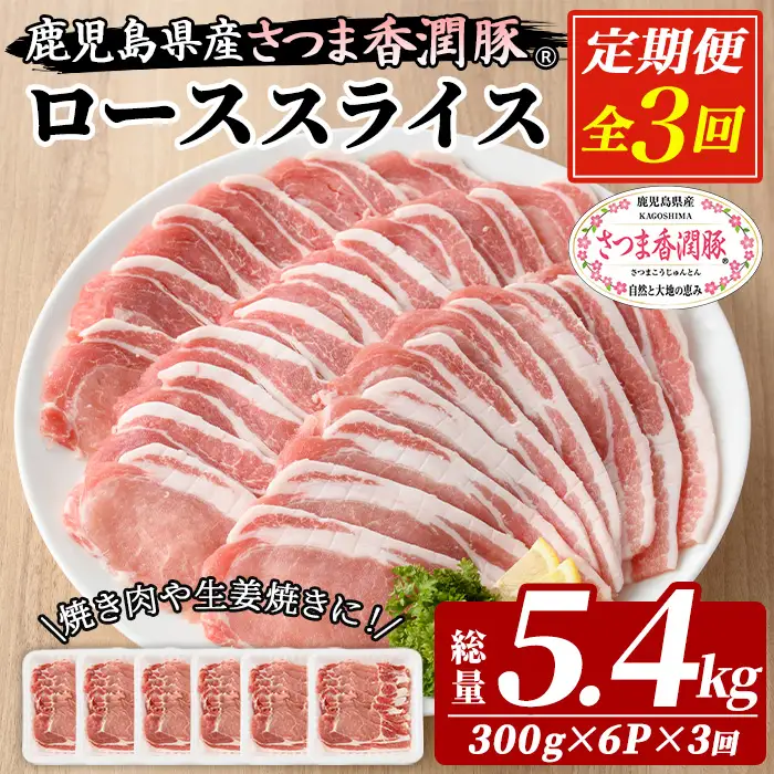 3か月定期便 豚肉 豚ロース 鹿児島県産 豚肉 300g × 6P × 3回 生姜焼き 焼肉 に おすすめ 【01-110-23-TK】