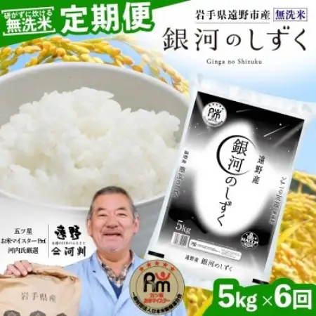 【毎月定期便】〈無洗米〉岩手県 遠野市産 銀河のしずく 5kg 【 コメマルシェ 河判 】全6回【4089928】