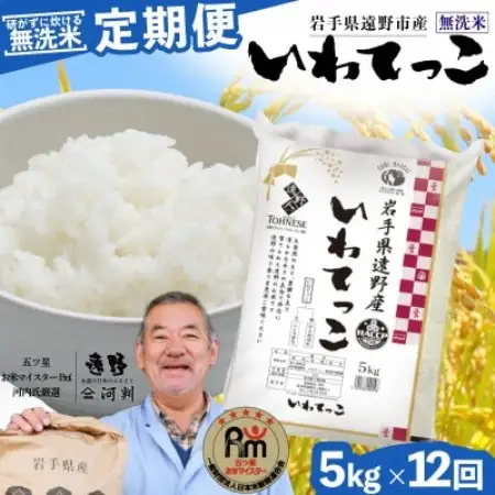 【毎月定期便】〈無洗米〉岩手県 遠野市産 いわてっこ 5kg 【 コメマルシェ 河判 】全12回【4089958】