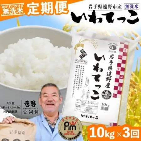 【毎月定期便】〈無洗米〉岩手県 遠野市産 いわてっこ 10kg 【 コメマルシェ 河判 】全3回【4089960】