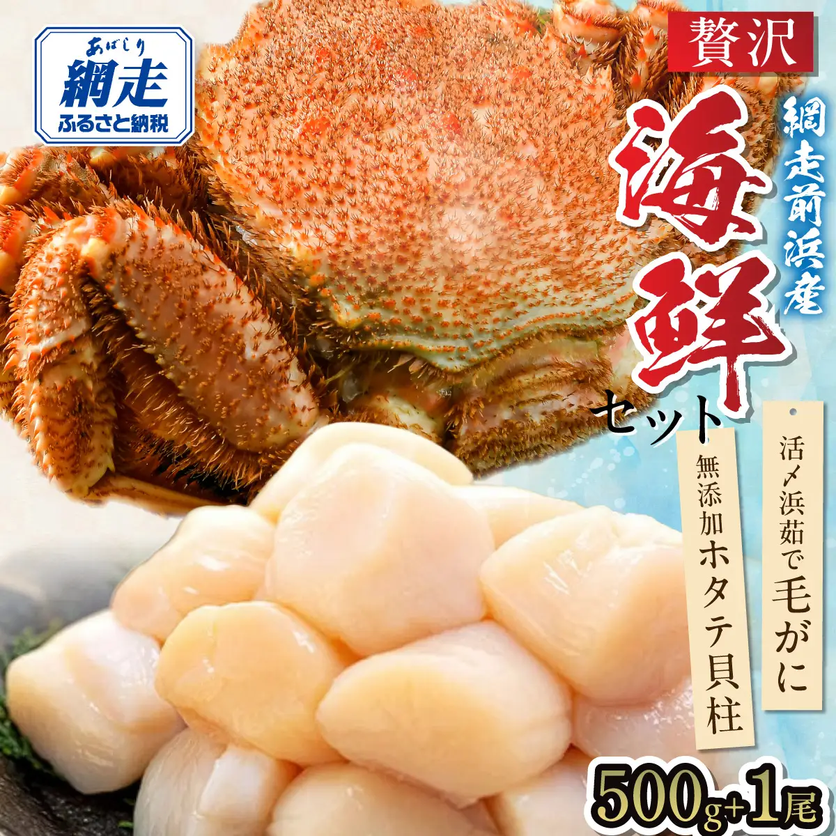 【数量限定】＜網走前浜産＞贅沢海鮮セット【無添加ホタテ貝柱500g(250g×2)・活〆浜茹で毛がに1尾(540～570g)】 ABAI049