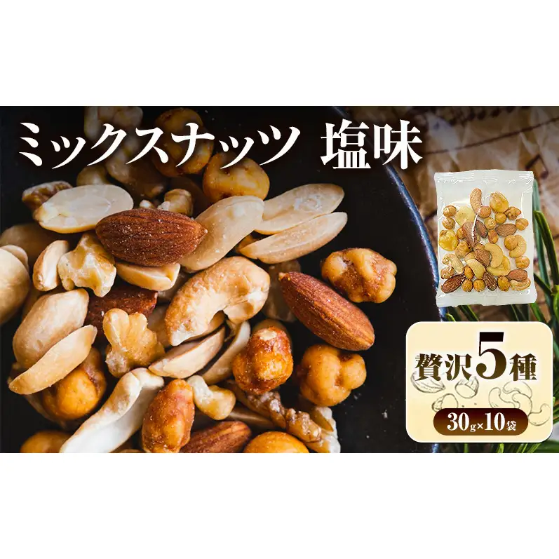 ミックスナッツ 塩味 有塩 小分け 個包装 300g 30g×10袋 小袋 贅沢5種 アーモンド カシューナッツ ジャイアントコーン ガルバンソ 落花生 スナックピー 豆菓子 お試し 常温 おつまみ おやつ 間食 兵庫県明石市 みの屋
