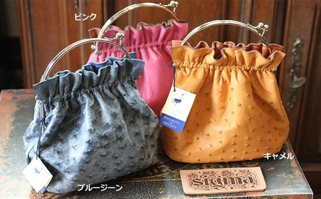 オーストリッチのがま口ハンドバッグ　 ファッション カバン  キャメル