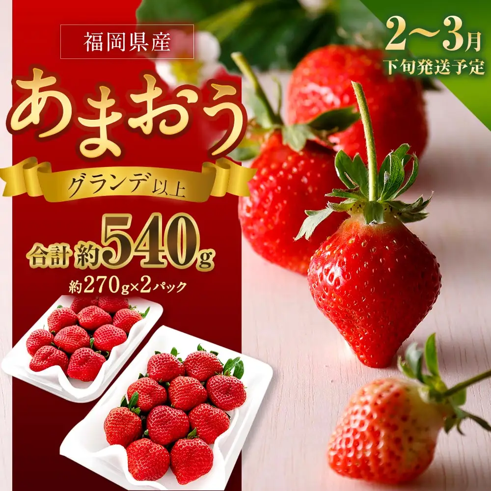 福岡県産苺 「 あまおう 」 グランデ以上 270g × 2パック 計540g いちご イチゴ 苺 果物 くだもの 果実 フルーツ 果肉 いちごの王様 国産 福岡県産 【 2027年2月下旬～3月下旬発送予定 】