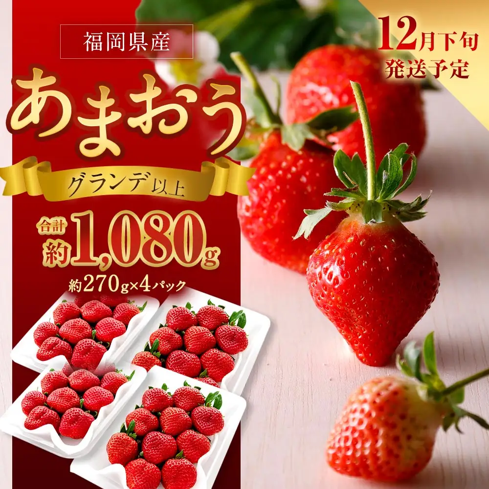 福岡県産苺 「 あまおう 」 グランデ以上 270g × 4パック 計1,080g いちご イチゴ 苺 果物 くだもの 果実 フルーツ 果肉 いちごの王様 国産 福岡県産 【 2026年12月下旬発送予定 】