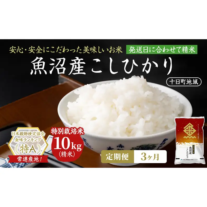 【令和8年産 先行予約】【3ヶ月定期便】特別栽培米 魚沼産こしひかり(十日町地域) 精米 10kg(5kg×2) 米 お米 コシヒカリ 定期 十日町市