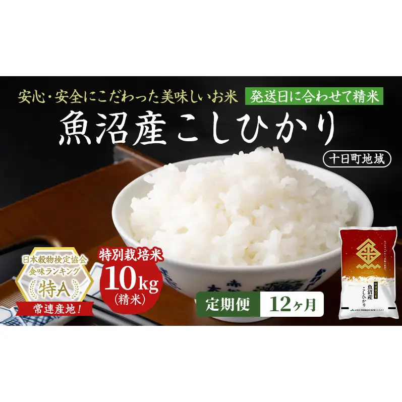 【令和8年産 先行予約】【12ヶ月定期便】特別栽培米 魚沼産こしひかり(十日町地域) 精米 10kg(5kg×2) 米 お米 コシヒカリ 定期 十日町市