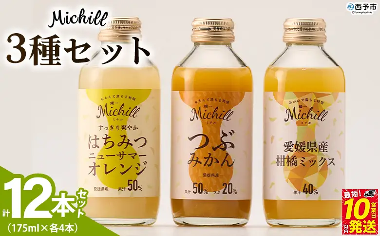＜Michill 3品種 175ml×計12本＞『最短10営業日以内に発送予定』愛媛県産 西宇和 つぶ入り ミックス ジュース はちみつ 日向夏 国産 みかん 蜜柑 ミカン 果汁入り飲料 セット 詰合せ 小林果園 愛媛県 西予市 【常温】OKE0009