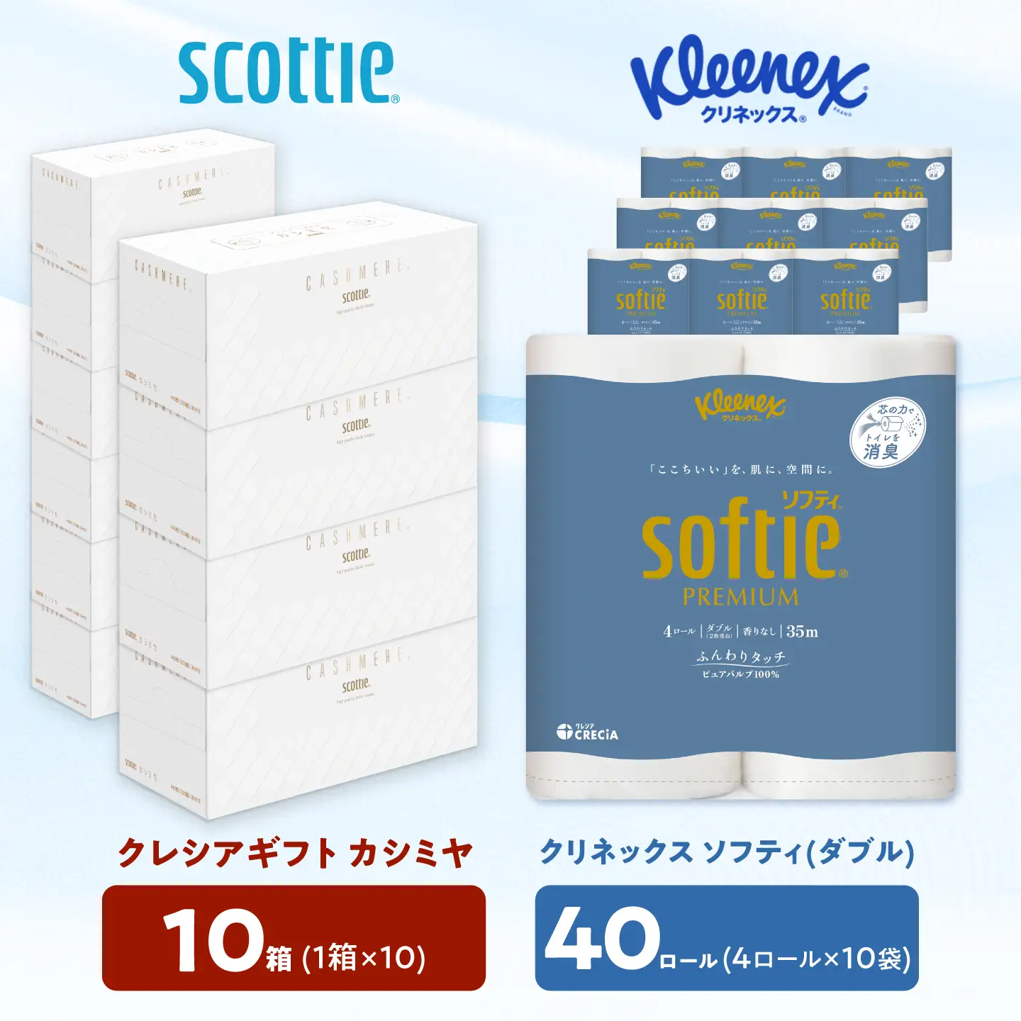 クレシアギフト カシミヤ スコッティ 10箱 ＆ クリネックス ソフティ（ダブル）40ロール セット[BDAM070]