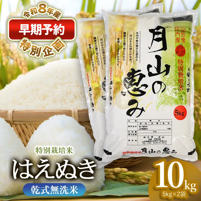 特別栽培米 はえぬき 乾式無洗米 10kg（5kg×2袋） 山形県鶴岡市産　米工房 月山 【令和8年産早期予約特別企画】