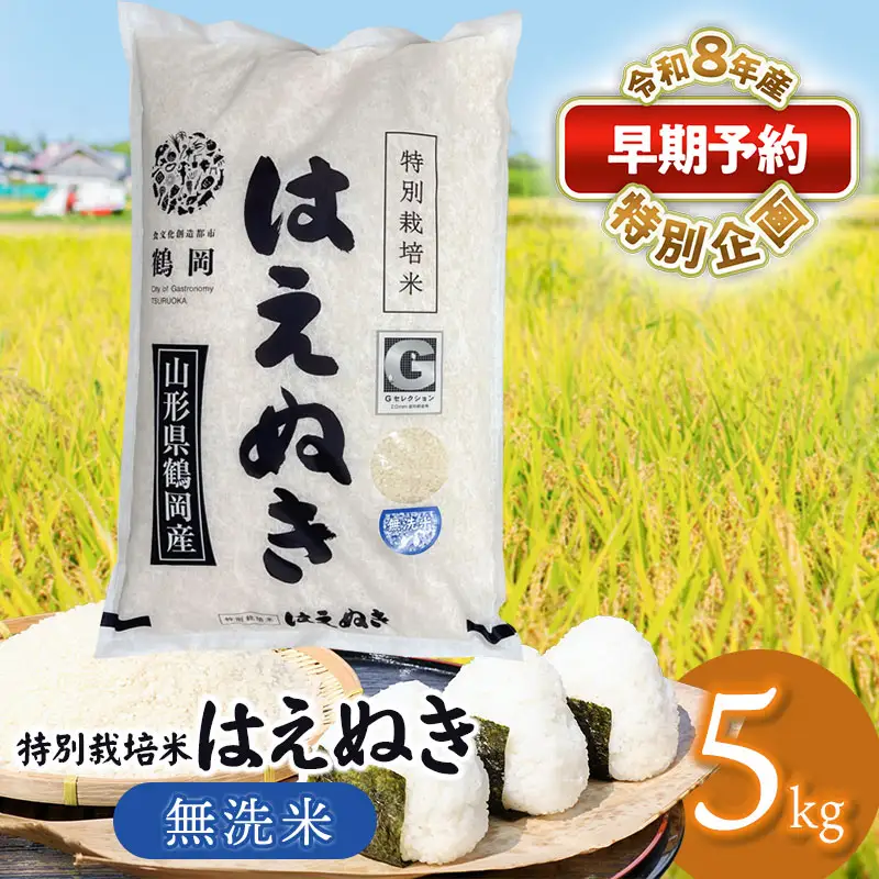 特別栽培米 はえぬき 無洗米 5kg 【令和8年産新米早期予約特別企画】