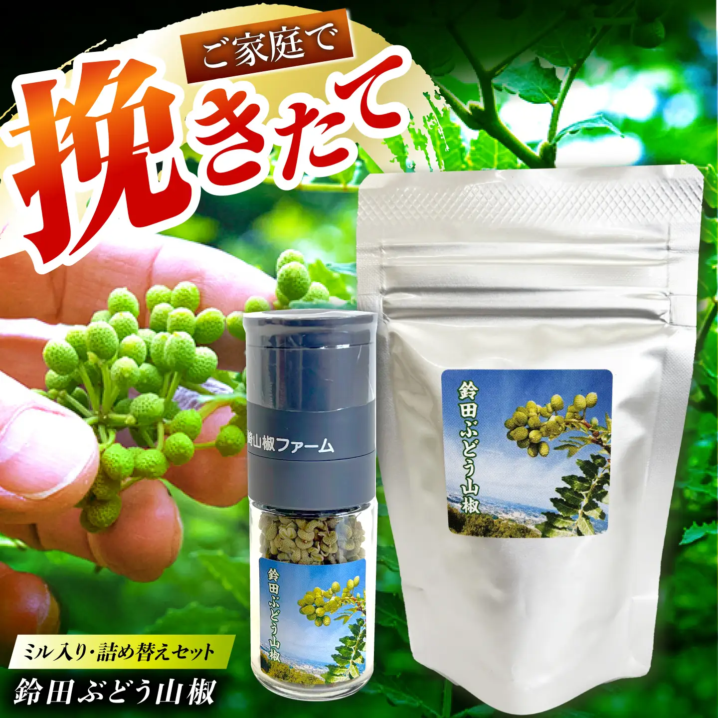鈴田ぶどう山椒 種抜き(ホール) ミル入り・詰め替え セット 香辛料 スパイス 薬味 大村市 長崎山椒ファーム[ACCM003]