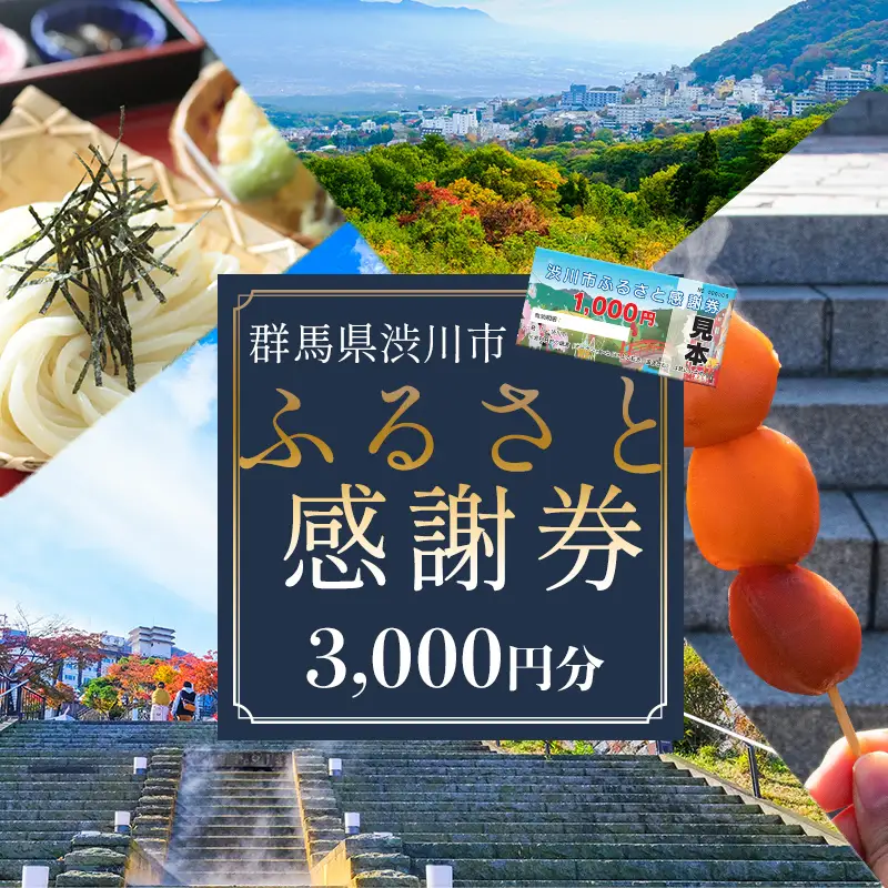 渋川市ふるさと感謝券 3,000円分（1,000円×3枚） 伊香保温泉 うどん 宿泊 旅行 観光 ホテル 旅館 トラベル 飲食 お土産 F4H-0058