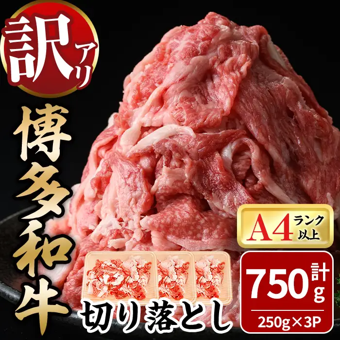 ＜訳あり！＞博多和牛切り落とし(計750g・250g×3P) 牛肉 黒毛和牛 国産 化粧箱 贈答 ギフト プレゼント 小分け ＜離島配送不可＞【ksg1926】【MEATPLUS】