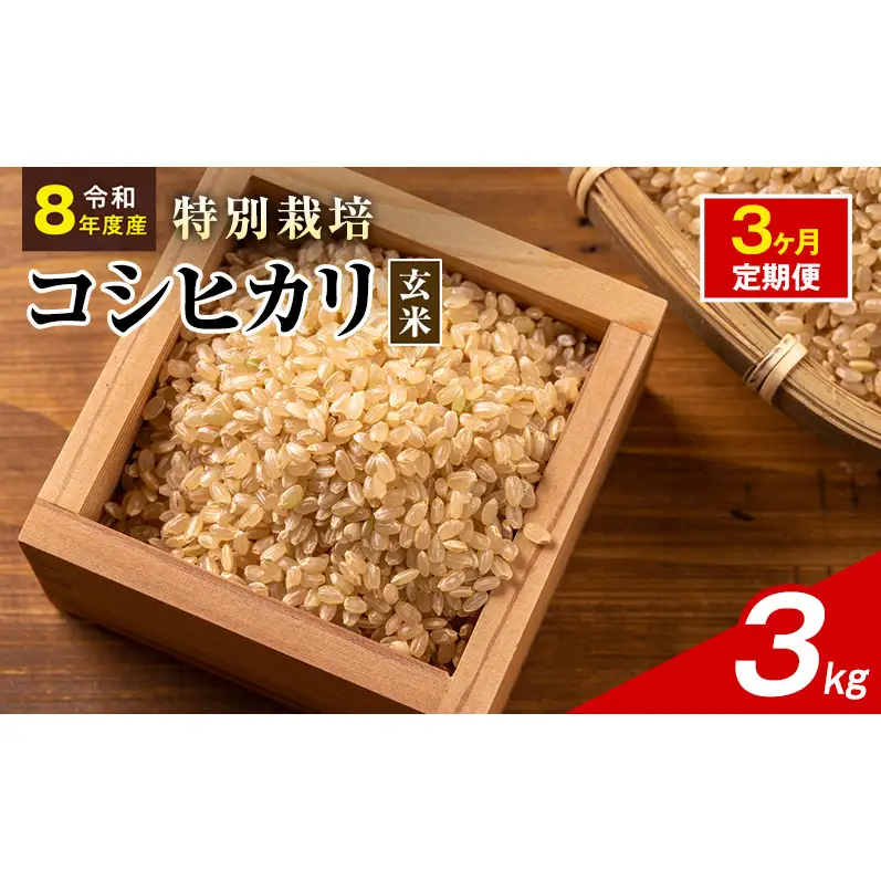 令和8年産 特別栽培米 コシヒカリ 玄米 3kg 静岡県産 色彩選別済 食に意識高い方へオススメ 3ヶ月定期便