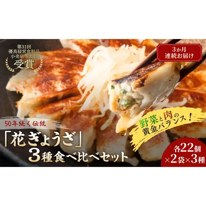 「花ぎょうざ」3種食べ比べセット 132個（各22個×2袋×3種）3か月連続お届け 餃子 冷凍餃子 冷凍ギョーザ 手作り餃子 ギョーザ セット 食べ比べ 点心 中華 中華料理 惣菜 簡単調理 加工食品 静岡県 森町