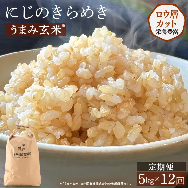 【先行予約】【令和8年産】定期便 ≪12ヶ月連続お届け≫ にじのきらめき うまみ玄米 5kg×12回 ／ 鮮度抜群 キロ 福井県あわら産 玄米 お米 ※2026年10月上旬より順次発送 [aw071-l006]