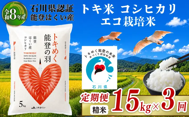 令和8年産 先行予約 新米予約 石川県産 コシヒカリ トキ米 精米 定期便 15kg ( 5kg × 3袋 ) × 3回 計 45kg エコ栽培米