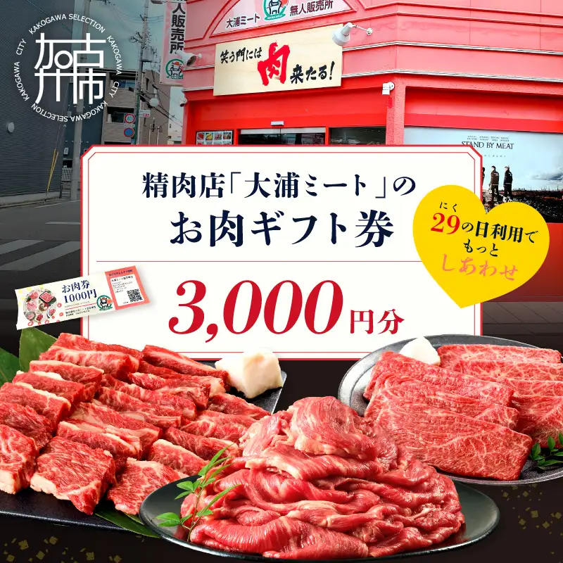 【牛肉のまち加古川】精肉店「大浦ミート」のお肉ギフト券(3,000円分)【2601L00201】