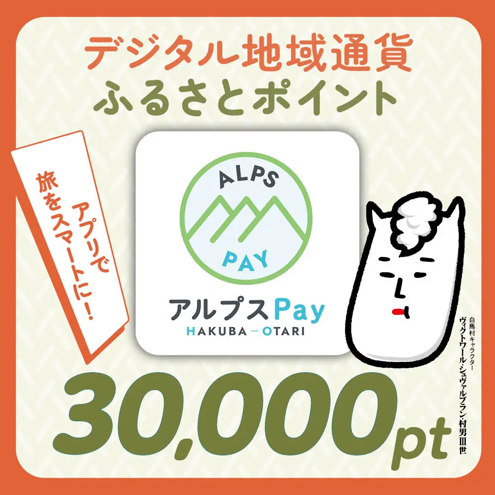 白馬村・小谷村共通地域ポイント「アルプスPayふるさとポイント」30,000pt（30,000円分）