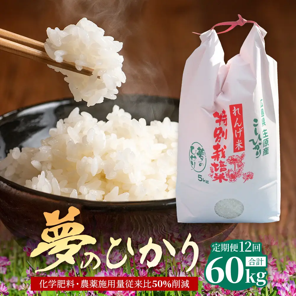定期便 12回配送 新米 予約受付 令和8年産 れんげ米「夢のひかり」5kg×12回 合計60kg 精米 こしひかり コシヒカリ お試し 広島 庄原 12ヶ月 12か月 12ヵ月