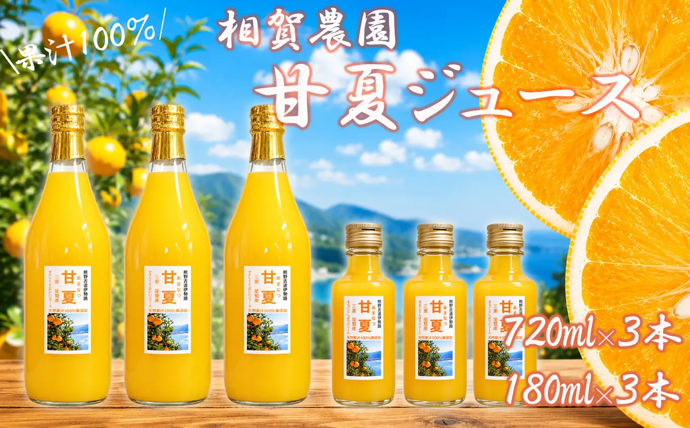 【お試しセット】果汁100％ 甘夏ジュース720ml×3本 180ml×3本 計6本セット 甘夏 蜜柑 果物 柑橘 フルーツ シュース 国産 ギフト 贈り物 三重県 尾鷲市　AI-10