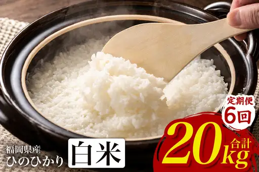 【6回定期便】【ふるさと納税】ひのひかり 米 お米 白米 20kg 20キロ 福岡県産 うきは市 国産 精米 ご飯 ごはん おにぎり お弁当 人気 おすすめ 家庭用 送料無料 新米 ストック 厳選 農家直送 大容量【JA福岡くるめ にじの耳納の里】】