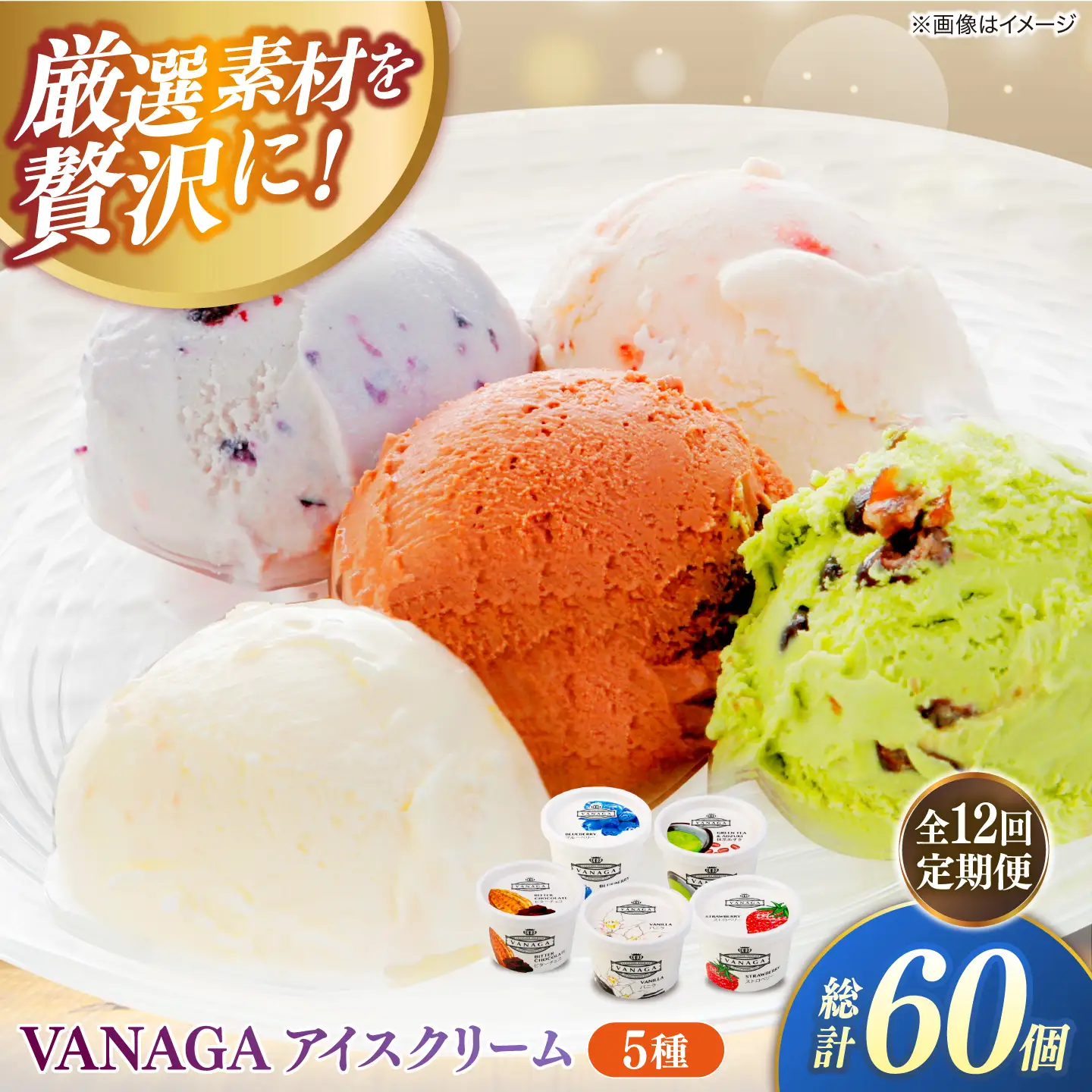 【全12回定期便】ご褒美アイスにぴったり！VANAGA 5種類のアイスクリーム5個入り 島根県雲南市/木次乳業有限会社[AIBH049]