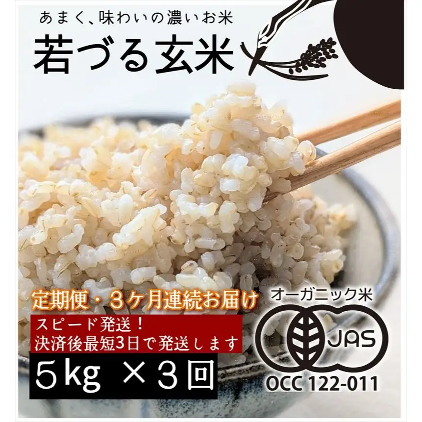 【定期便3ヶ月】有機JAS 多可町 きぬむすめ 玄米 5kg×3回 計15kg 農園若づる 有機栽培 オーガニック アイガモ 合鴨農法 無農薬 無化学肥料 即納 [1389]
