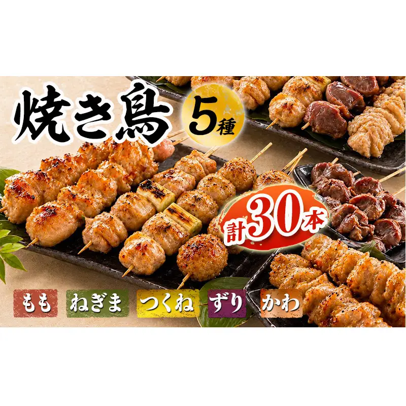 【姫路のやきとり屋さん本格焼き鳥♪】丁寧仕上げのやきとり５種盛り合わせ（計30本）【生冷凍】鶏肉 おつまみ もも ねぎま かわ つくね ずり 兵庫県 姫路市