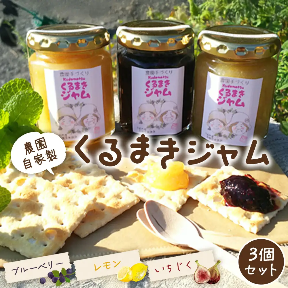 ジャム　農園自家製くるまきジャムセット3個　化粧箱入り ／ ジャム ブルーベリー レモン いちじく 自家製 農園 手作り 3個セット 化粧箱入り 香り 色鮮やか 果実ジャム エコやまぐち100 農薬不使用 有機肥料 No.241