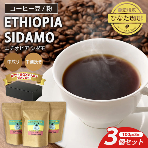 コーヒー 豆 粉（エチオピア シダモ 中煎り 中細挽き）100g × 3個