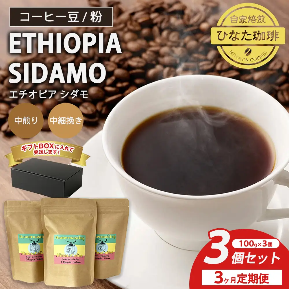 【3カ月定期便】コーヒー 豆 粉（エチオピア シダモ 中煎り 中細挽き）100g × 3個セット | ミディアムロースト ギフトBOX付き コーヒー 珈琲 自家焙煎 ひなた珈琲 幸田町 送料無料