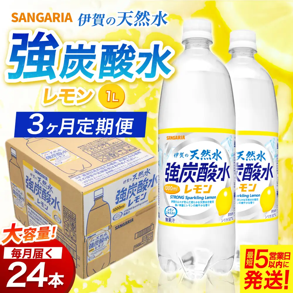 【3ヶ月定期便】サンガリア　伊賀の天然水　強炭酸水　レモン　1ケース（500mL×24本）【igge-tkb0006】