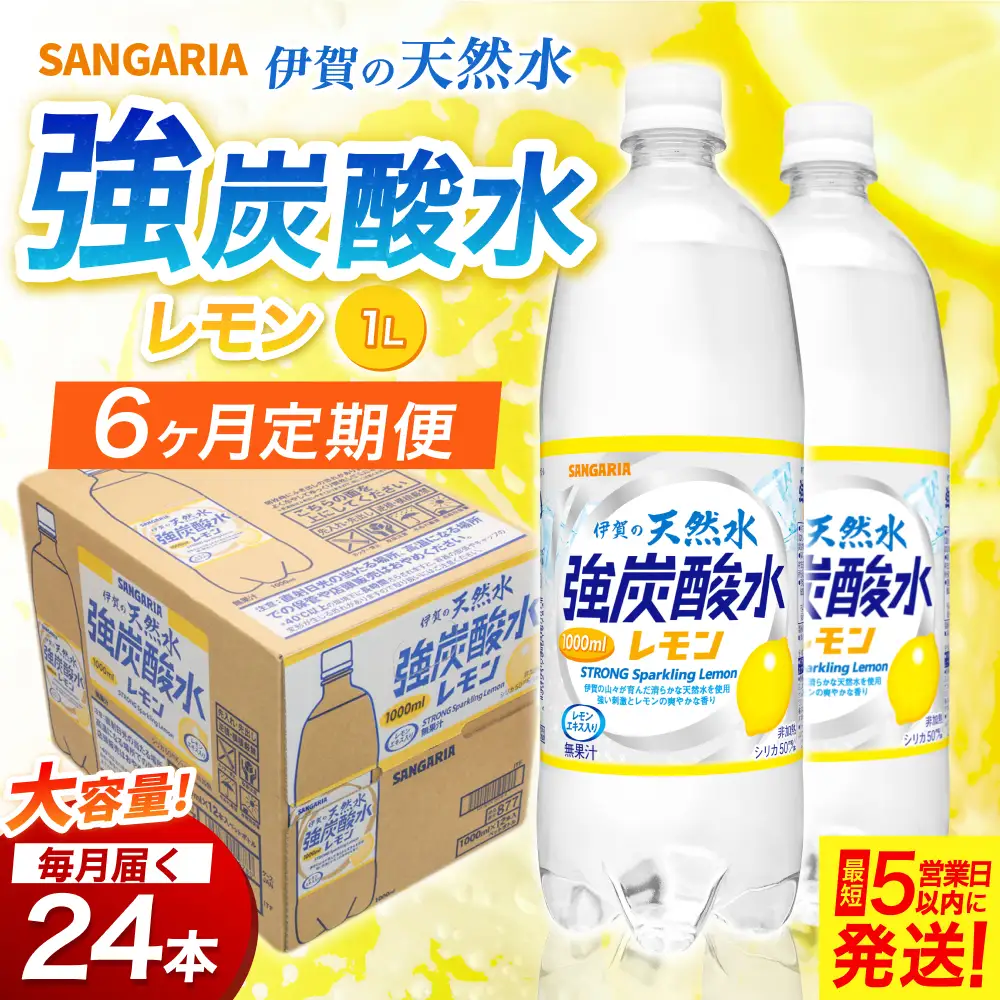 【6ヶ月定期便】サンガリア　伊賀の天然水　強炭酸水　レモン　1ケース（500mL×24本）【igge-tkb0007】